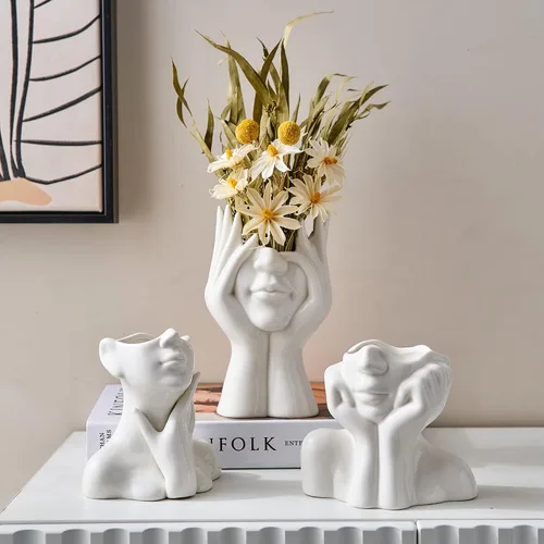 Vista 8 de FJS Jarrones de Cerámica con Cara, Jarrones de Flores Blancos para Decoración, 3.5" An x 7" Al Jarrón Decorativo Moderno como Centro de Mesa