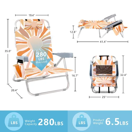 Vista 3 de Silla de playa para adultos, mochila plana de 5 posiciones con enfriador, portavasos y bolsa de almacenamiento, tumbona de playa portátil plegable