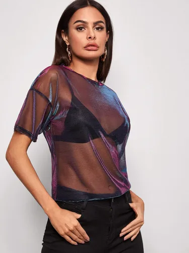 Vista 3 de Floerns Blusa de manga corta para mujer con malla transparente