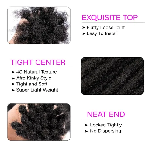 Vista 3 de Extensiones de cabello humano Loc de 0.2 cm de ancho, 4 pulgadas, 30 hebras, negro natural 100% completamente hechas a mano, extensiones
