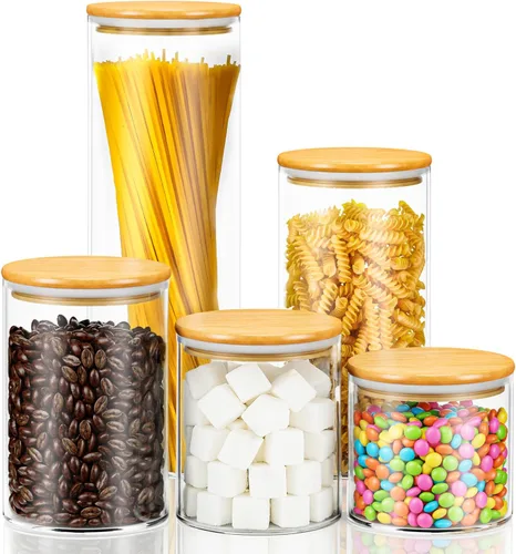 Vista 10 de Recipientes de Café Azúcar Sales - Frascos de 15 oz de Vidrio Hermético Caning con Tapas de Bambú y Cucharas Medidoras, Almacenamiento de Avena