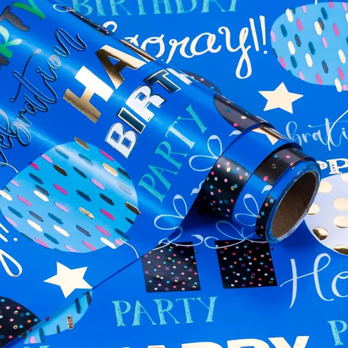 Vista 3 de WRAPAHOLIC Papel de regalo para cumpleaños - Rollo mini - 17 pulgadas x 16.5 pies - Papel de regalo azul dorado con foil brillante de feliz Azul