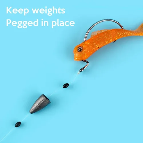 Vista 2 de Tapón de goma de pesca Bobber Peg Sinker Stopper Black Oval Bead Texas Rig Flotadores de peso detiene la durabilidad Voltear Terminal Accesorios