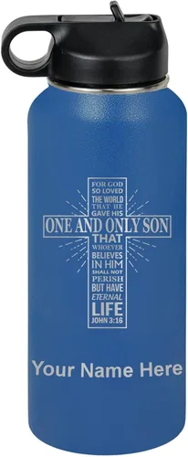Vista 50 de LaserGram Botella de agua personalizada, versículo bíblico John 3-16, acero inoxidable de doble pared aislada al vacío con popote superior, regalo