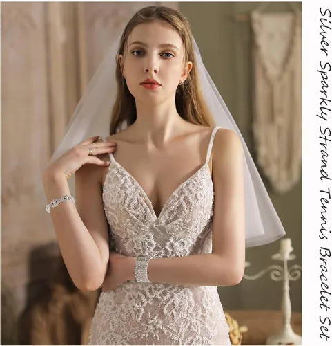 Vista 3 de Juego de 4 pulseras elásticas de diamantes de imitación para mujer, joyería de competición de bikini, plata brillante, para boda, cadena de tenis