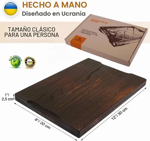 Vista 3 de TESLYAR - Tabla y plato de madera para carne, plato para servir carne, 11.8 Sirve 1, se adapta a una sola porción o aperitivos. Ranura de jugo
