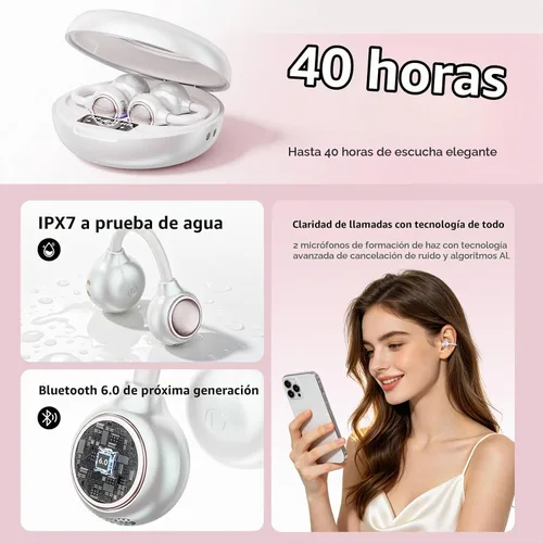 Vista 6 de Auriculares inalámbricos con clip de oreja abierta con espejo Blanco