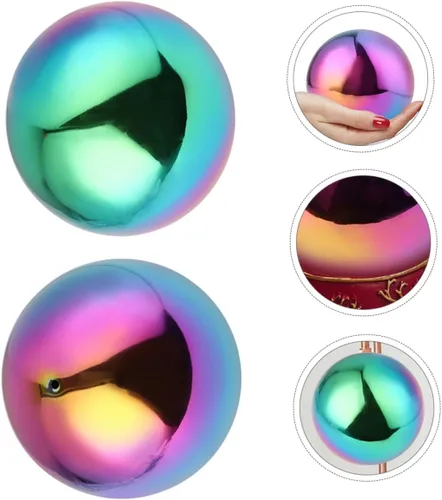 Vista 5 de 2 bolas grandes brillantes de acero inoxidable espejo huecas bolas decorativas orbes arco iris mirando bolas para jardín dic
