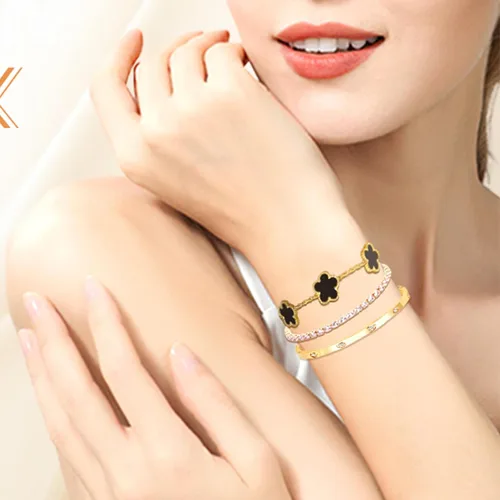 Vista 3 de Pulseras de oro para mujer - 4 piezas/3 piezas, juego de pulseras de tenis de 18K de oro chapado, elegantes pulseras de oro no manchadas de acero
