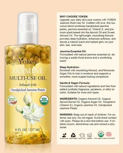 Vista 7 de Aceite corporal multiusos de jazmín orgánico para piel, cara, cabello y uñas, con pétalos seleccionados a mano, aceite esencial de jazmín y vitamina