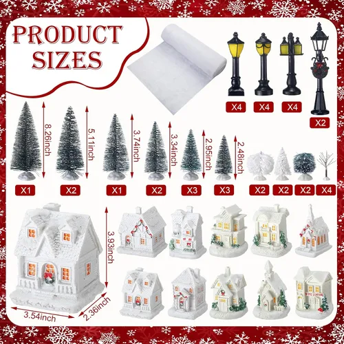 Vista 2 de Shappy 48 piezas de casas de pueblo navideño, accesorios de edificios de ciudad, 10 casas de pueblo navideño con luz, 12 mini árboles, 12 luces LED