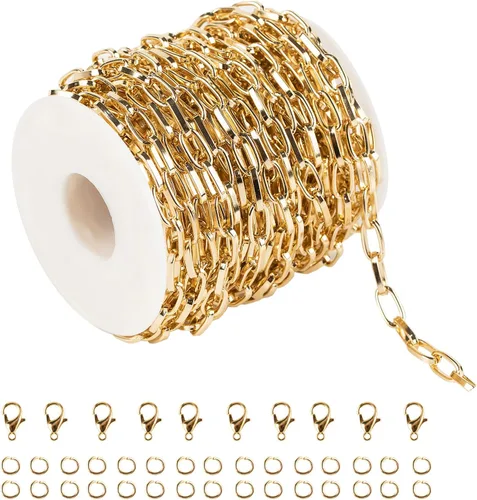 Vista 11 de 10 metros collar con colgante de papel plateado en oro, cadena de eslabones de aluminio para hacer joyas, rollo de cadena con anillas abiertas