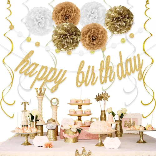 Vista 4 de KOKAR Decoraciones doradas de feliz cumpleaños: pancarta dorada de feliz cumpleaños, pompones de papel, remolinos colgantes y guirnalda de puntos