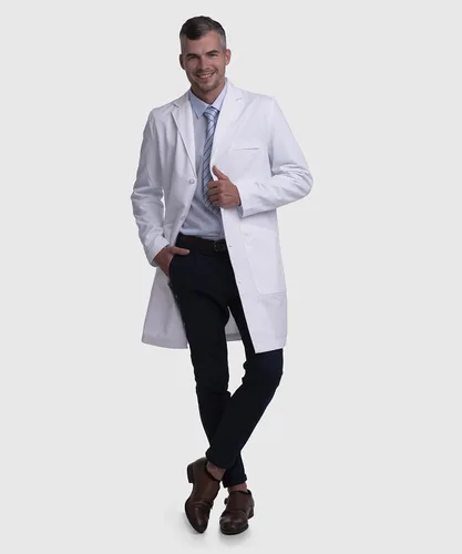 Vista 4 de Dr. James Abrigo de laboratorio profesional para hombre, ajuste a medida, cierre de cuatro botones, múltiples bolsillos, blanco, 39 pulgadas de largo