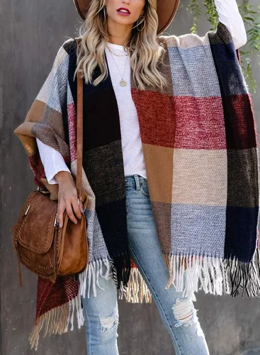 Vista 2 de VIMPUNEC - Pashmina estilo bohemio con patrón a cuadros para mujer con borla