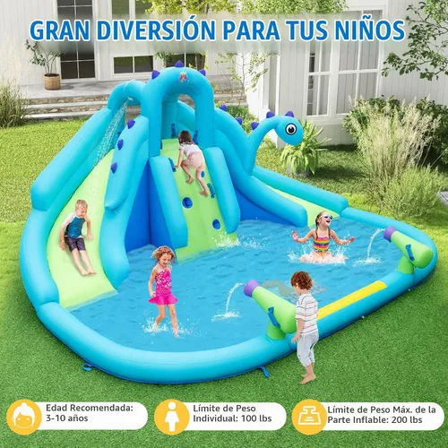 Vista 7 de BOUNTECH Parque inflable de tobogán acuático con dinosaurio, parque acuático de toboganes dobles con pared de escalada, castillo animoso