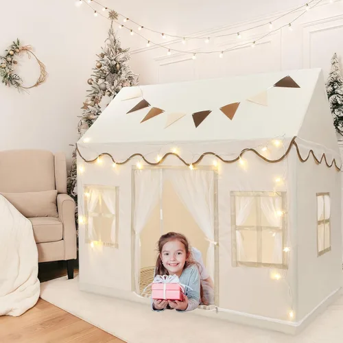 Vista 8 de Tienda de campaña para niños, casa de juegos grande con cuerda de estrella, bandera, lavable a máquina, tienda de campaña para interiores