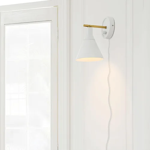 Vista 7 de Globe Electric 65542 - Candelabro de pared de 1 luz con enchufe o cableado, blanco mate, acento en latón, interruptor giratorio de atenuación sin