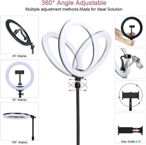 Vista 2 de Anillo de luz para selfie de escritorio de 10 pulgadas con soporte y soporte para teléfono para iPhone Android, 3 modos de luz regulable LED