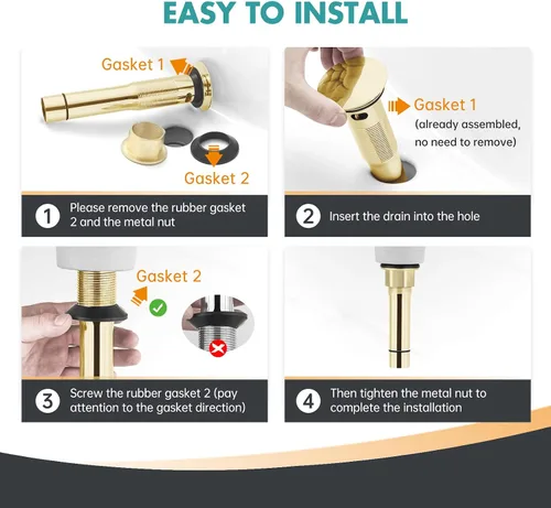 Vista 8 de Desagüe emergente para fregadero de baño con rebosadero - Se ajusta a agujeros de 1-5/8" a 2", acero inoxidable 304 para tocador/fregadero