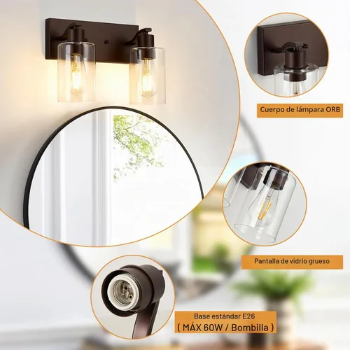 Vista 4 de 2 Luces de Iluminación para Baño, Accesorios de Iluminación de Tocador en Bronce Cepillado con Soporte de Vidrio Transparente de 33cm, Lámparas