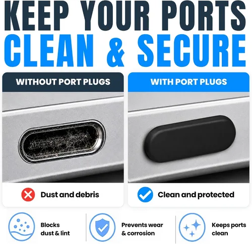 Vista 2 de Tapones antipolvo USB C, paquete de 10 con cepillo de limpieza, cubiertas Negro