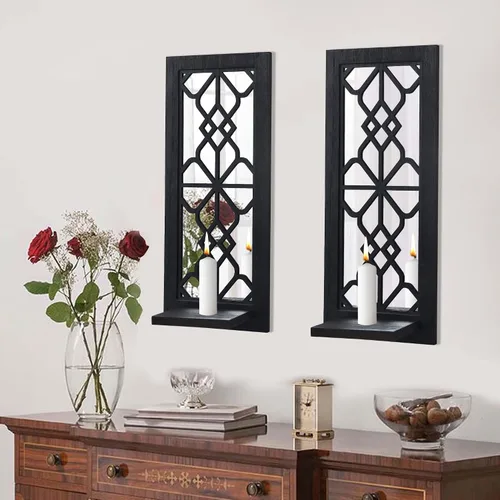 Vista 8 de ZEXUIRU Juego de 2 candelabros rústicos para sala de estar, dormitorio, entrada, espejo de madera, granja, marco tallado para montaje en pared