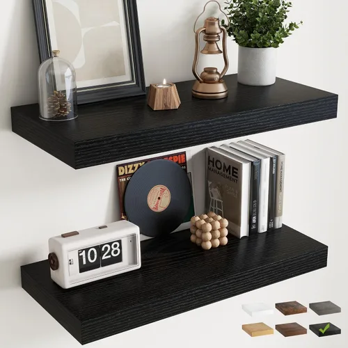 Vista 18 de Juego de 2 estantes flotantes de 16 pulgadas para pared, estantes de baño de grano de madera de 12 pulgadas de profundidad con soportes invisibles
