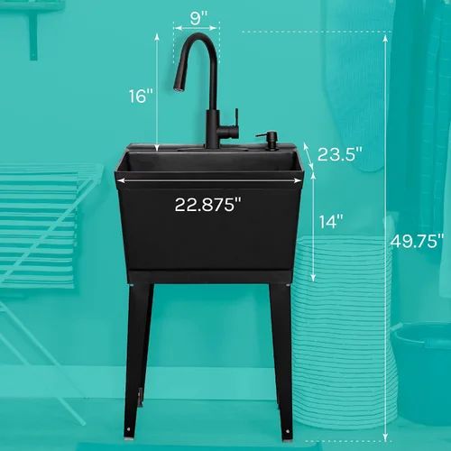 Vista 2 de Fregadero utilitario negro con grifo negro de arco alto de VETTA de JS Jackson Supplies, boquilla de rociador extraíble, fregadero de inclinación