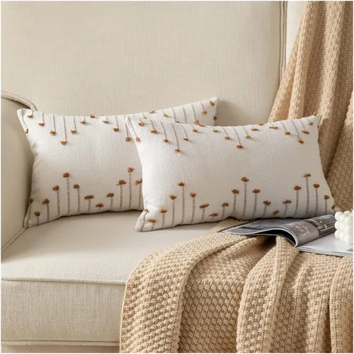 Vista 14 de Fundas de almohada boho de 12 x 20 pulgadas, juego de 2 almohadas decorativas para cama, fundas de almohada neutras color beige con línea negra