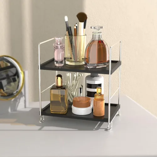 Vista 11 de Estante organizador de especias de 2 niveles para baño, estante de almacenamiento de encimera, estante de almacenamiento de cosméticos de pie negro
