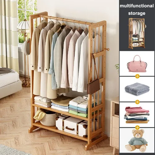 Vista 2 de Estante de ropa resistente, estantes de almacenamiento de 2 niveles, estantes de ropa de bambú con barra para colgar, añade espacio en el armario
