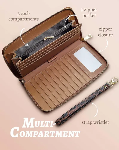 Vista 5 de Yarnic Cartera de leopardo para mujer con tarjetero de crédito, bolsillos para dinero, correa de pulsera, carteras con clip para monedas, monedero
