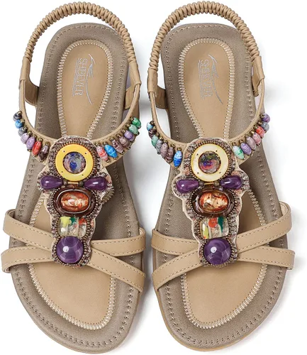 Vista 2 de SHIBEVER Sandalias bohemias para mujer de verano con cuentas y tirantes delgados al tobillo, zapatos elegantes