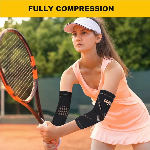 Vista 5 de Manga de compresión de codo de cobre, codo para tendinitis y codo de tenista, manga de soporte de codo para hombres y mujeres, alivio de tendinitis