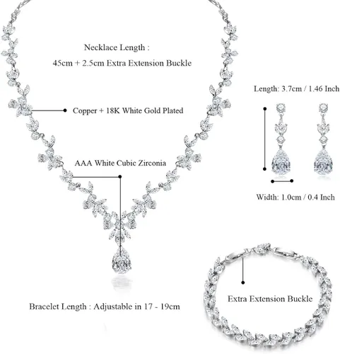 Vista 2 de Juego de joyas Hadskiss collar y aretes colgantes chapado en oro blanco con circonita cúbica blanca AAA joyería para bodas y fiestas hipoalergénica
