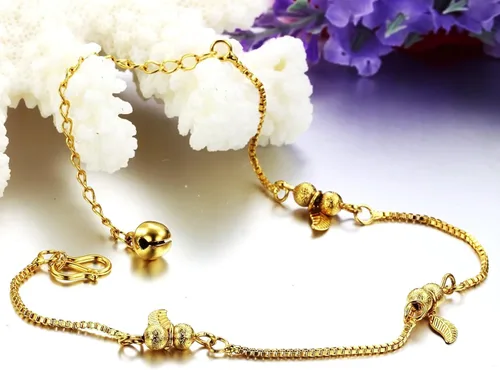 Vista 4 de De la Mujer Tobillera Pulsera bañado en oro 18K Lucky Hojas Colgantes Cadena de pie