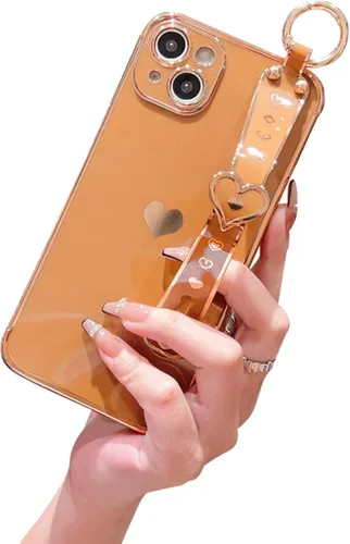 Vista 14 de Lindo corazón de amor para niñas mujeres lujo chapado borde parachoques suave TPU a prueba de golpes caso con soporte de pulsera para iPhone Negro