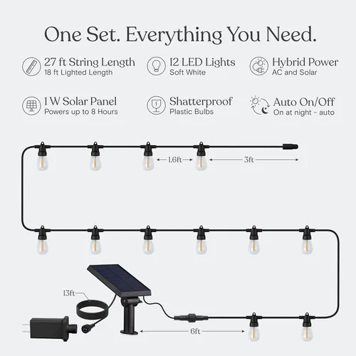 Vista 5 de Brightech Ambience - Cadena de luces híbridas para exteriores, doble enchufe y tira de luces LED impermeables con energía solar para exteriores, 27
