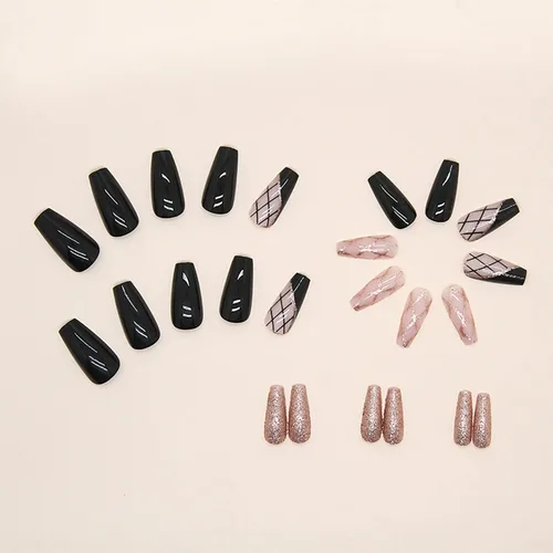 Vista 2 de Uñas postizas cuadradas negras de longitud media con diseños de líneas negras y doradas, cobertura completa, reutilizables, juego de uñas postizas