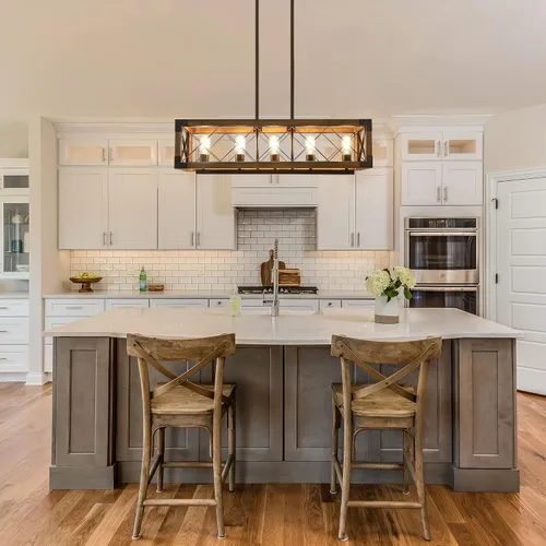 Vista 5 de Lámpara de araña de granja para comedor, lámpara rectangular de 5 luces, iluminación de isla de cocina de madera, 31.5 pulgadas de largo