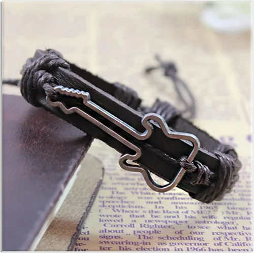 Vista 5 de Xusamss Punk aleación guitarra patrón cuero cordón cuerda pulsera