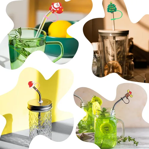 Vista 5 de Fundas de popote de silicona para vasos Stanley, accesorios de tapa lindos compatibles con vasos de 30 y 40 onzas (4 unidades de 0.394 in de Navidad)