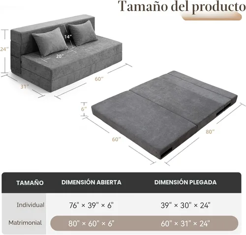 Vista 2 de HOMFINE Sofá cama plegable - Silla cama convertible con cojín, sofá cama plegable, colchón de espuma viscoelástica para piso, sofá futón, sofá