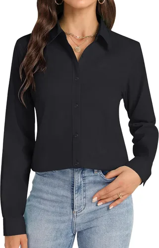 Vista 21 de Camisas con botones J.VER para mujer con cuello elástico y manga larga de algodón, camisa de vestir casual de negocios para el trabajo