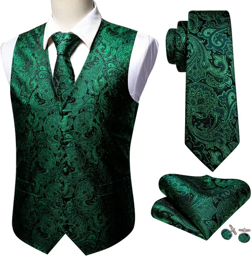Vista 5 de Barry.Wang Chaleco formal de los hombres Paisley Jacquard seda corbata traje chaleco conjunto boda 5PCS