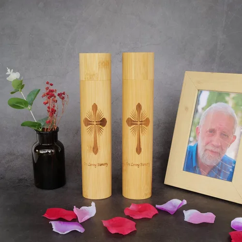 Vista 7 de Juego de 2 urnas pequeñas de bambú para cenizas humanas, ecológicas y biodegradables, tubo de cremación para cenizas de mascotas machos y hembras