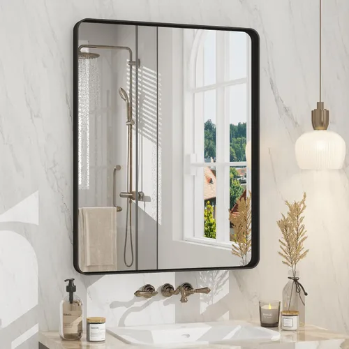 Vista 86 de Paquete de 2 espejos de baño con marco de metal negro de 22 x 30 pulgadas, espejo rectangular redondeado negro mate, antioxidante, se cuelga