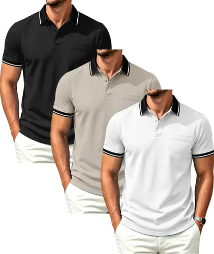 Vista 22 de GEEK LIGHTING Paquete de 3 camisas polo de manga corta con bolsillo para Negro Gris Armygreen