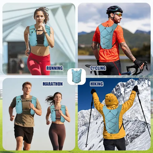 Vista 7 de Chaleco de correr para mujeres y hombres, mochila de hidratación de 6L con vejiga de agua de 2L, mochila de agua ligera para trail running, maratón